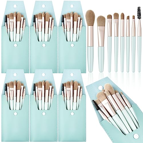 Gerrii 6 Sets Travel Makeup Brush Set Brushes Bag Bridesmaid Gift Synthetic Fiber Face Make up Brushes Angled Blush Brush for Wedding Bridal Shower Favors Bachelorette Party Gift (Light Blue)