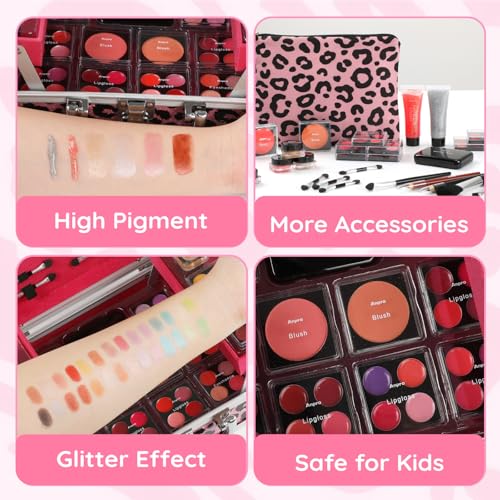 Anpro All-In-One Leopord Double Folding Makeup Carry Case with Pro Teen Makeup Set, Full Starter Kit with Makeup Brushes, Lipsticks, Eyeshadow Palette, Blushes, Glitter Gel, Ideal Present for Girls