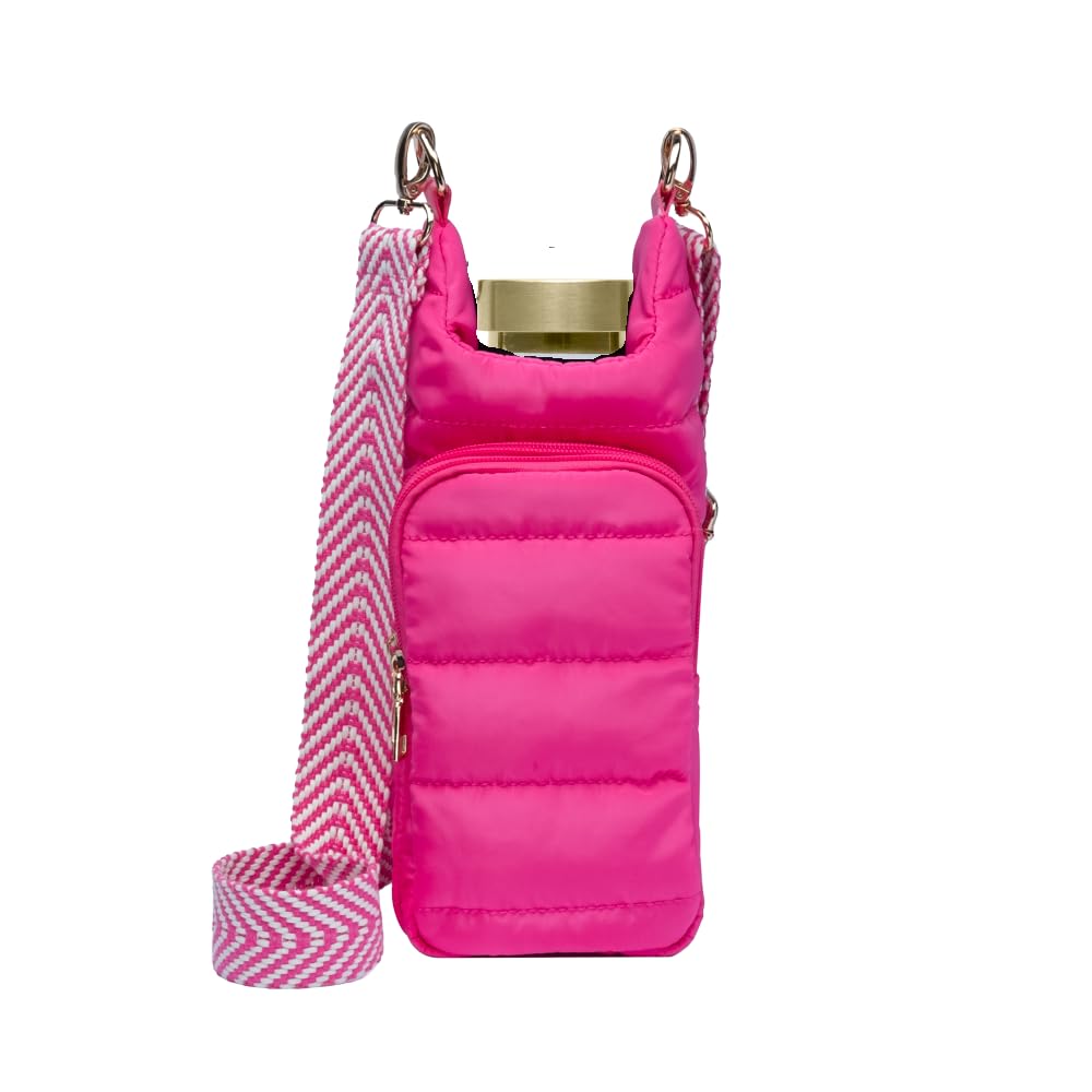 WanderFull Original Crossbody HydroBag | Quilted Water Bottle Carrier | Puffer Tote Tumbler Holder with Pockets for Purse, Phone & Accessories | Carry Travel Essentials (Pink/Patterned Strap)