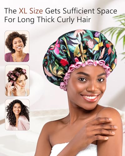 mikimini Rainforest Large Shower Caps Pack of 2, Shower Cap for Women Long Hair with Pink Lace, Reusable Waterproof Shower Hat for Girls