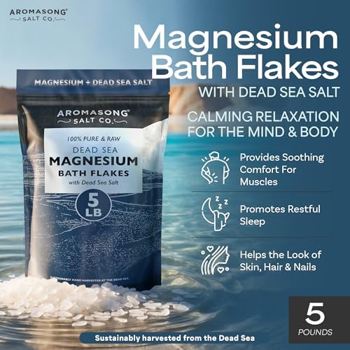 Aromasong Raw Magnesium Flakes for Bath + Dead Sea Salt for Soaking - 5 Lb Resealable Pack Magnesium Chloride Flakes - Organic Bath Salt Relaxing Mineral Soak (Packaging May Vary)