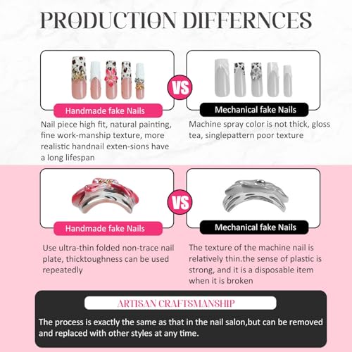 Flower Press on Nails Handmade Long Coffin Muti-Layer Gel Fake Nails Gradient Floral 3D Waterdrop Pattern Design Spring Summer Multicolor Thick False Nails French Tip Acrylic Nails for Women (Size S)