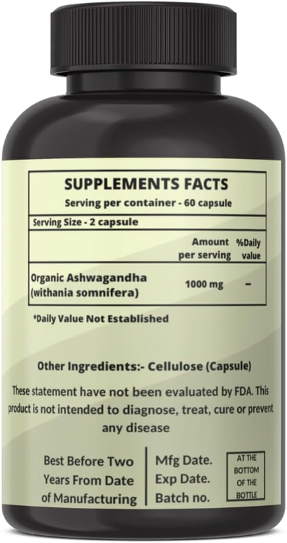 Organic AshwagandhaCapsules Pure Organic Ashwagandha Powder and Root Extract - Stress Relief, Mood Enhancer (Pack of 60 Capsule)