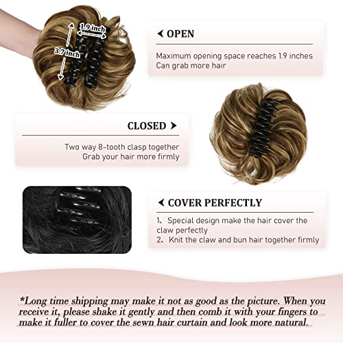 RUWISS Claw Clip Messy Bun Hair Piece Real Human Hair Buns Wavy Curly Chignon Hair Bun Extensions Tousled Updo Hair Buns Claw Clip Ponytail Hairpieces - Brown with Blonde Highlights