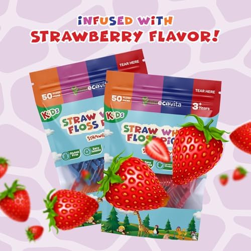 Biodegradable Kids Flossers - Dental Floss Picks for Children | Fluoride & Plastic-Free | Colorful & Fun Animal Floss Sticks | Eco Friendly, Vegan, Natural (Strawberry - 200 Pack)