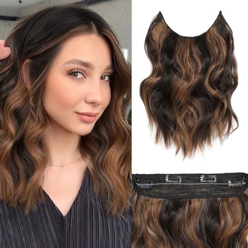 BUPPLER Halo Hair Extensions 12 Inch Invisible Wire Hair Extensions Adjustable Long Wavy Hair Extensions Synthetic Upgrade 4 Secure Clips in Hairpieces 12 Inch,Dark Brown Mix Medium Brown