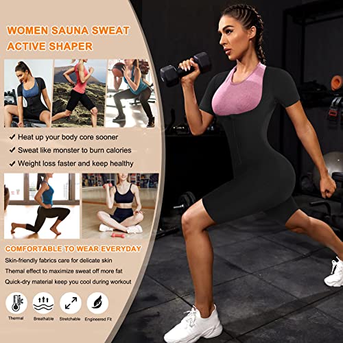 URSEXYLY Sauna Suit for Women Sweat Vest Waist Trainer 3 in 1 Slimming Full Body Shaper Workout Top with Sleeve Shorts (Black, Small)