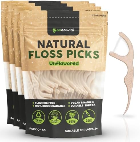 Biodegradable Floss Picks - Natural Straw Wheat Handle | Thin & Durable Thread for Tight Gaps! | Dental Flossers for Adults | Gentle on Gums & Teeth | Eco Friendly, Vegan (200 Pack, Unflavored)