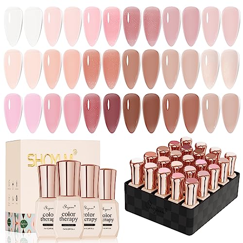 24 Pcs Jelly Nude Gel Nail Polish Set, Sheer Pink Colors Gel Polish Kit with Glossy & Matte Top Coat and Base Coat for Nail Art DIY Manicure and Pedicure at Home
