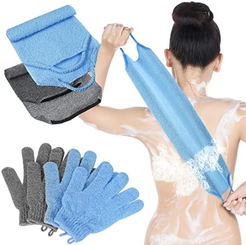 4 Pack Exfoliating Washcloth Back Scrubber Set, 2 Exfoliating Body Scrubber Nylon Back Body Scrub Towel, 2 Pairs Shower Gloves for Women Men Bath Shower Exfoliation(Gray, Blue)