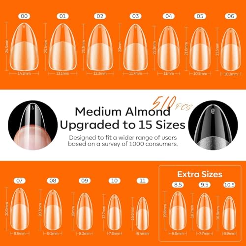 modelones Gel Nail Kit Almond, Upgrade 15Sizes Fake Nails, 9-in-One Glue Dehydrator & Mini U V Light Clipper, 510Pcs Medium Almond Press on Tips for Extension DIY Salon Home Gift
