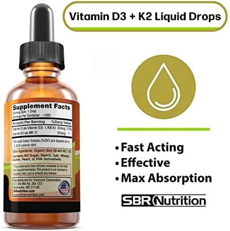 MAX Absorption, Vitamin D3 + K2 (MK-7) Liquid Drops with MCT Oil, Unflavored, Helps Support Strong Bones and Healthy Heart