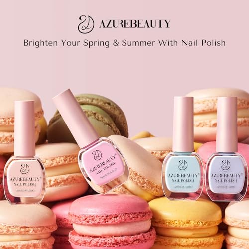 AZUREBEAUTY Nail Polish Set, 4 Colors Pastel Spring Macarons Pink Blue Green Yellow Quick Dry Natural Easter Gift Fingernail Lacquer Strengthening Kit with Top Coat DIY Salon at Home