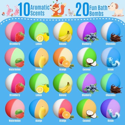 Bath Bombs for Kids with Toys Inside, 20 Kids Bath Bombs with Animal Toys Inside, Skin-Friendly, Non Toxic, Handmade Organic Natural Bubble Bath Fizzies, Birthday Gifts for Girls Boys
