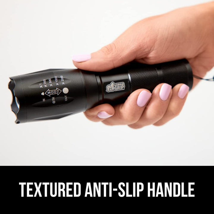 Gorilla Grip Powerful LED 750 FT Water Resistant 5 Adjustable Mode Tactical Flashlight, High Lumens Ultra Bright Battery Life Zoom Flashlights, Small Camping Car Mini Flash Light Accessories, Black