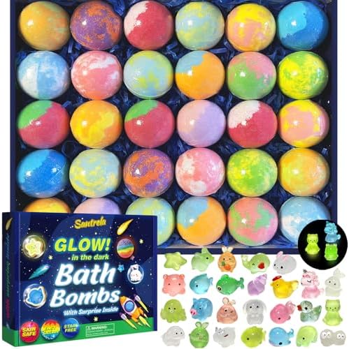 Bath Bombs for Kids with Surprise Inside, 30 Pack Kids Bath Bombs with Toys Glow in The Dark, Child-Safe Colorful Bubble Fizz Bath Ball Gift Set for Easter Egg, Birthday,Christmas