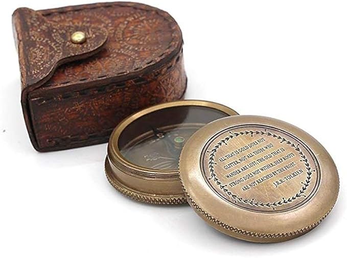 Solid Brass Gift Compass with Leather Case – Engraved Tolkien Quote “Not All Those Who Wander are Lost” – Vintage Gift for Travelers, Readers, Adventure Lovers, Graduation, Birthday, Retirement