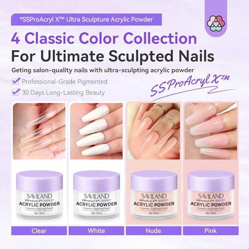 SAVILAND Acrylic Powder: 4PCS 1oz 30g Clear White Nudes Pink Colored Acrylic Nail Powder Keratin Acrylic Powder Set Professional Nail Powder for Nail Extension Carving 3D Nail Art Manicure Salon