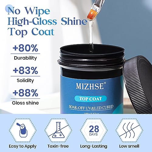 MIZHSE 100ML No Wipe Gel Top Coat - High Gloss Shine Finish Long Lasting Top Coat Nail Polish, Super Large Capacity Soak Off Nail Lamp Polish Finish with Brush & Brush Cleaner Gel, Gift Kit for Women