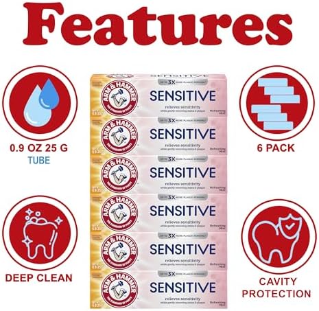 ARM & HAMMER Sensitive Teeth & Gums Toothpaste, 6 Pack, Refreshing Mint, Anticavity Fluoride Toothpaste with Baking Soda, Whitening Enamel Strengthening Paste, Travel Size 0.9 Oz