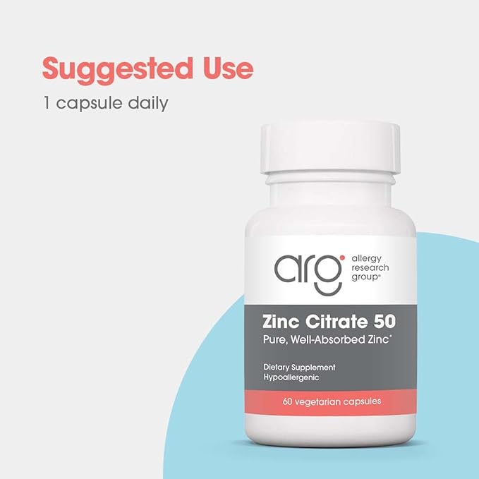 Allergy Research Group Zinc Citrate Supplement - Zinc for Men & Women, Immune Support, Pure, Well-Absorbed, Well-Tolerated, Trace Mineral, 50mg Vegetarian Capsules - 60 Count