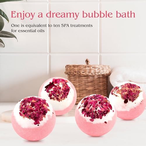 Dried Flower Bath Bombs Salt Balls,4-Pack Gift Set,Rose Extract Essential Oils,Moisturizing Dry Skin,Fizzy Spa,Relaxation,Self Care,Relaxing,Bubble Bath Bomb Gifts Idea for Men Women
