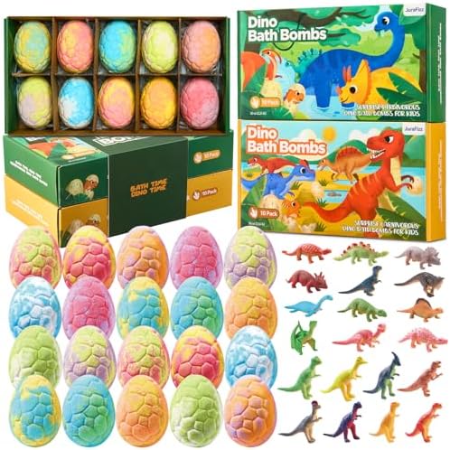 Dinosaur Bath Bombs for Kids with Surprise Inside, 20 Pack Natural Dino Egg Bath Bombs with Exclusive Carnivorous & Herbivorous Dinosaur Toys, Birthday Party Favors for Boys, Girls