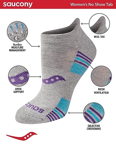 Saucony Women's RunDry Performance 8, Heel Tab Athletic Socks, S-L, Grey Heather Blue Assorted (16 Pairs), Small