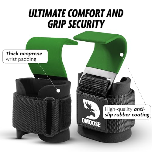 DMoose Weight Lifting Hooks (Pair), Hand Grip Support Wrist Straps for Men and Women, 8 mm Thick Padded Neoprene, Deadlift, Powerlifting, Pull up bar, Liftups, Shrugs (Green (Flat Hook))
