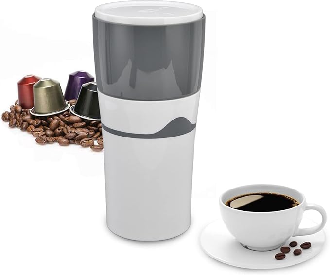450ml Portable Drip Coffee Travel Mug, Side Leakage Proof Sharing Cup Lid Drip Coffee Machine with 3 Capsules for K Cup Capsules (Grey and White)