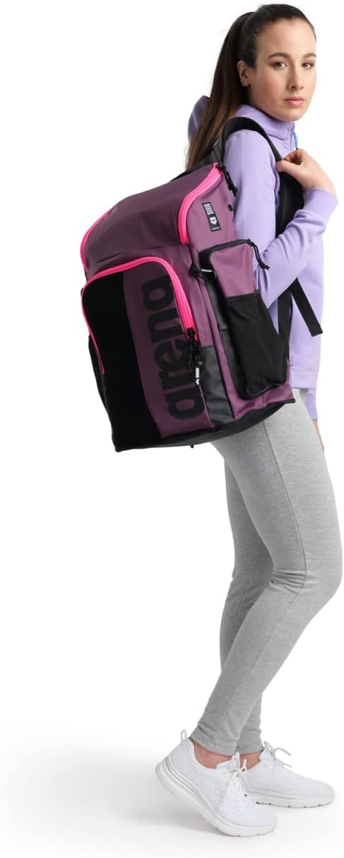 Arena Spiky III Backpack 45 Swimming Athlete Sports Gym Rucksack Large Training Gear Equipment Swim Bag for Men and Women, 45 Liters, Plum/Neon Pink