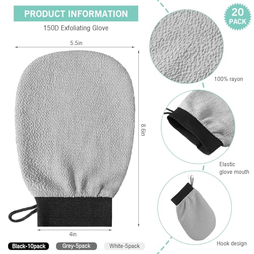 20 Pcs Exfoliating Glove Bulk Summer Exfoliator Mitt Body Scrubber 150d Viscose Fiber Deep Skin Korean Scrub Mitt for Spa Massage Dead Skin Remover for Men and Women(Black, White, Gray)