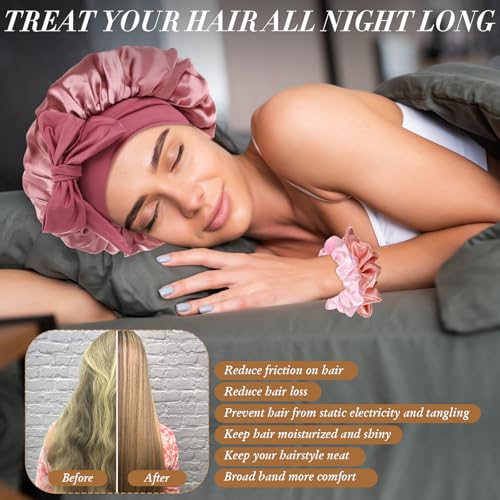 9 Pcs Satin Bonnet Set Include 3 Pcs Silk Bonnets for Sleeping and 6 Pcs Hair Scrunchies Satin Bonnet for Women Double Layer Hair Bonnets Silk Sleeping Cap Elastic Tie Band Cap(Dark)