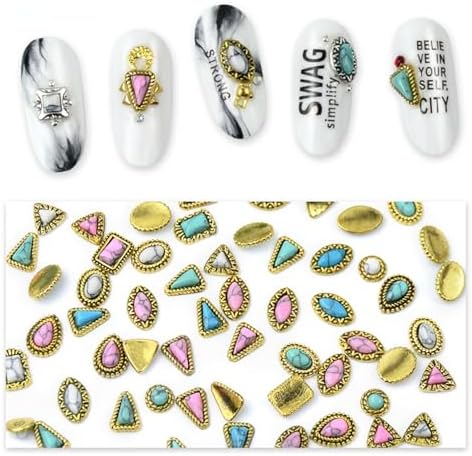 60 Piece Set of Turquoise Gemstone Pendants - 3D Nail Accessories with Hollowed Out Design, Vintage Pendants Suitable for DIY and Western Nail Art, Blue