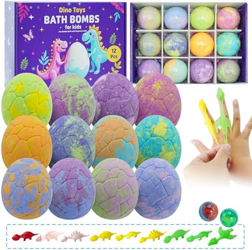 Easter Egg Bath Bombs for Kids with Surprise Inside, 12 Pack Kids Bath Bombs Gift Set for Easter Basket Stuffers, Dino Egg Bath Bomb Kit Fillers Bubble Bath Dinosaur Bath for Boys Girls Birthday