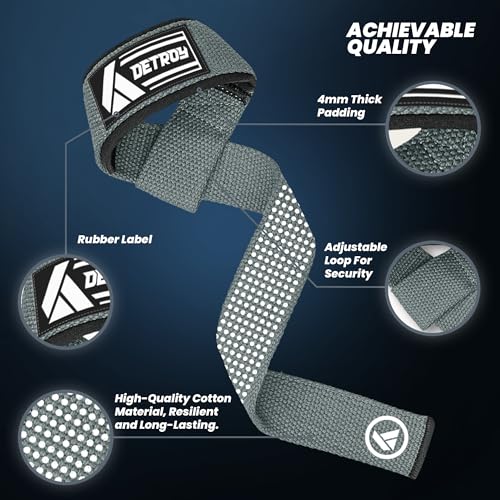 Detroy® Lifting Wrist Straps for Weightlifting, Deadlifts, Bodybuilding, Powerlifting, Gym Strength Training Workouts - Padded Neoprene with 24 inch Webbing Cotton with Silicone Grip for Men & Women (Grey & White)