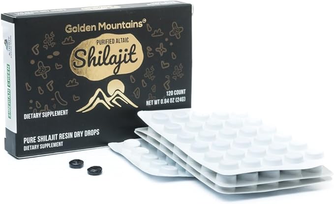 Premium Pure Shilajit Dry Drops Altai Golden Mountains - 120 Count (200 mg) Authentic Safety & Quality Certificate - US Lab Tested Fulvic Acid