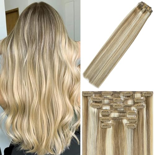 WindTouch Clip in Hair Extensions Real Human Hair Balayage Mixed Bleach Blonde Hair Extensions 15Inch 75g 7PCS Highlights Straight Blonde Clip in Extensions for Women