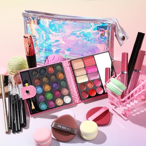 Makeup Set for Women Full Kit - 32 Colors Makeup Palette,5pcs Brushes Set, Mascara & Stamp Liquid Eyeliner, Eyebrow Pen, 2pcs Matte Liquid Lipsticks, 2 Powder Puff, 1 Cosmetic Bag Makeup Gift Set