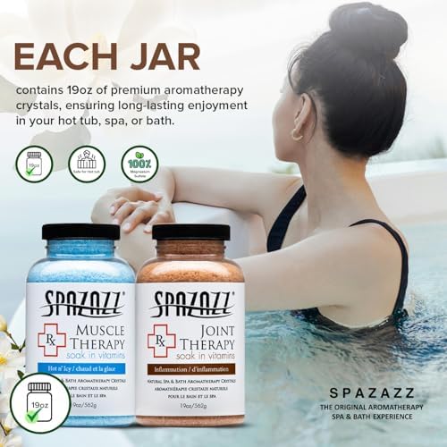 Spazazz Hot Tub Aromatherapy Spa and Bath Salts Crystals 2 Pack Bundle- One 19 Oz Jar Each Spazazz Muscle Therapy and Joint Therapy Plus a 5 Point Massager- Safe for All Spa and Hot Tub