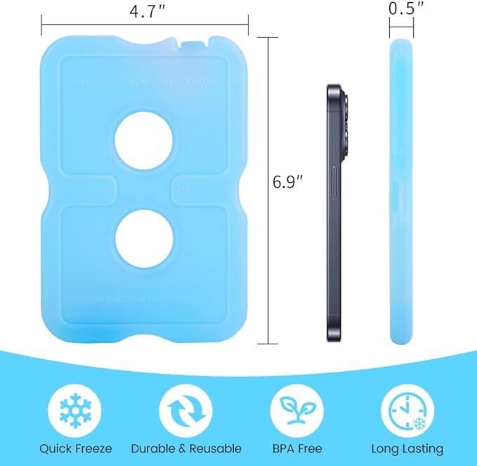 Bodaon Ice Packs for Lunch Boxes, Lunch Cooler Bag, Reusable Small Lunch Box Ice Pack for Cooler, Lunchbox Accessories, Lunch Bag Freezer Long Cold Blue Ice Packs Blocks for Coolers, Kids, Adults
