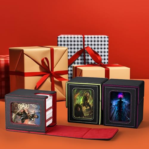 UAONO Card Deck Box with MTG Commander Display, Patented Design Card Deck Case Holds 100+ Double-Sleeved Cards, PU Leather Cards Storage Box for TCG with 2 Dividers, 1 Toploader (Grey&Red)