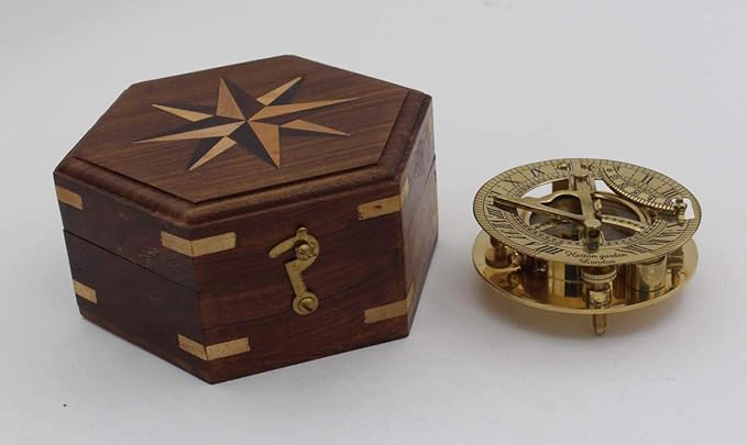 Antique Reproduction Hatton Garden Brass Sundial Compass with Compass Rose Inlaid Hardwood Case – Unique Gift for Someone Special – Great for Father’s Day, Boss, or Groomsmen Gift