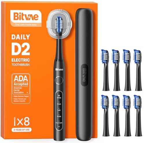 Bitvae ADA Accepted Electric Toothbrush, Travel Toothbrush Rechargeable for Adults and Kids, 60-Day Battery, 5 Modes, 8 Heads, Portable Travel Case & Holder, Shadow Black