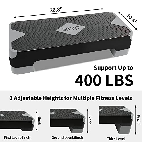 SPART Adjustable Workout Aerobic Stepper, Aerobic Exercise Step Platform with 4 Risers, 3 Levels Adjust 4" - 6" - 8", 26.77" Trainer Stepper with Non-Slip Surface For Home Gym Extra Risers, Black-Gray
