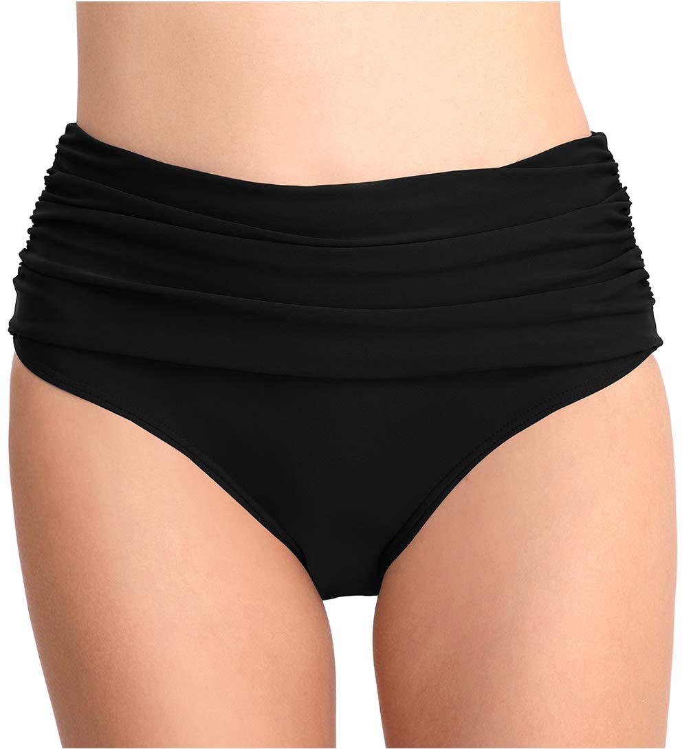Micosuza Women's Swim Brief Shirred High Waist Full Coverage Bikini Bottom Black