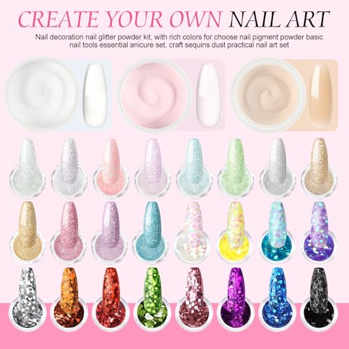 Acrylic Nail Kit with Drill and U V Light, Professional Acrylic Nail Kits with Everything 3PC Powder 24PC Glitter 200Pcs Nail Tips Nails Art Decoration DIY Home Salon
