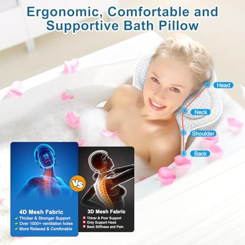 Bath Pillows for Tub Soft Bathtub Pillow for Neck and Back Support, Luxury Bath Pillow Washable with 4D Mesh & 6 Suction Cups, Relaxing Bathtub Pillow Headrest for Women Ideal for Soaking & Relaxation