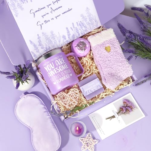 Birthday Gifts for Women Lavender Spa Gift Basket for Women Self Care Relaxing Bath Set Purple Gifts Inspirational Gift for Mom Wife Her Female Sister Teacher Nurse Friends Employee Coworker Spa Gifts