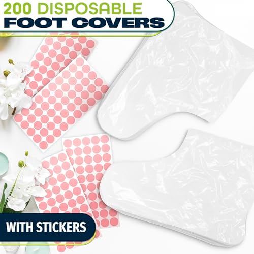200 Pcs Plastic Foot Covers for Feet – 13 USA Leak-Proof, Durable, Ribbed Anti-Slip Design with 200 Stickers for Snug Closure – Plastic Socks for Moisturizing Feet, Great for Wax Foot Care & Hydration
